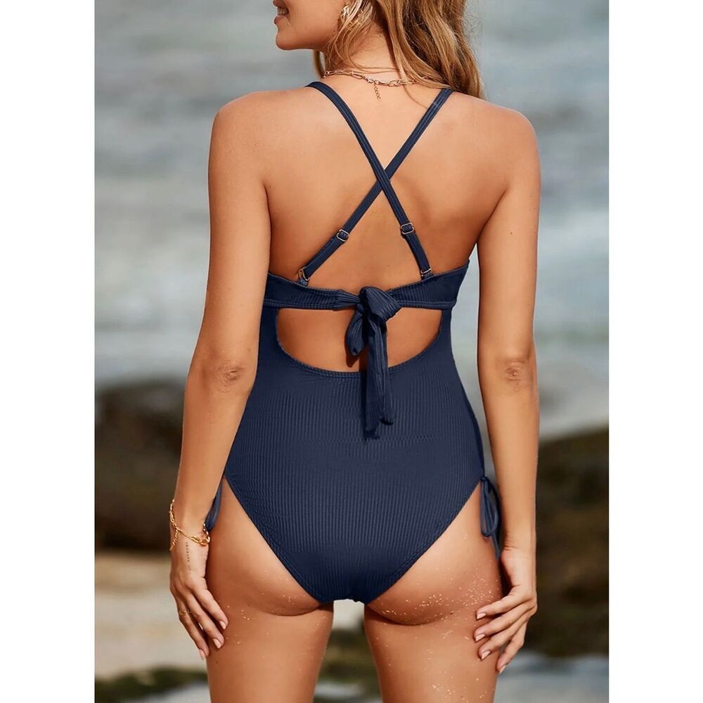 Women's Ribbed One Piece Swimsuit Tummy Control High Cut Bathing Suit Sexy V Nec - Picture 2 of 9